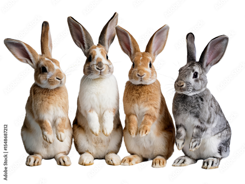 Fototapeta premium Adorable brown white grey rabbits standing cute pets fur ears on transparent background