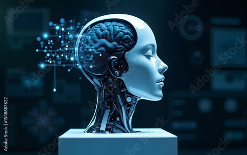 Artificial intelligence. AI head with neural network brain hanging over virtual digital podium. Wise female face in cyberspace. Machine learning. Mind of cyborg or robot in vr reality. Future concept
