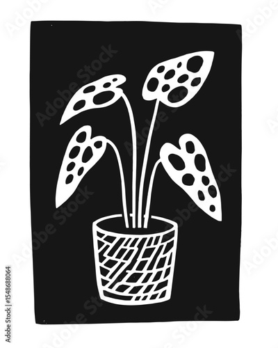 Monstera Plant in Striped Pot Black and White Illustration