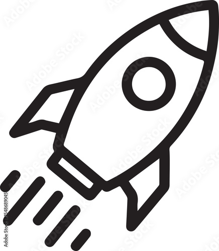 Black and white line art rocket ship launching upward against a white background with thick black lines depicting a simple rocket design with a