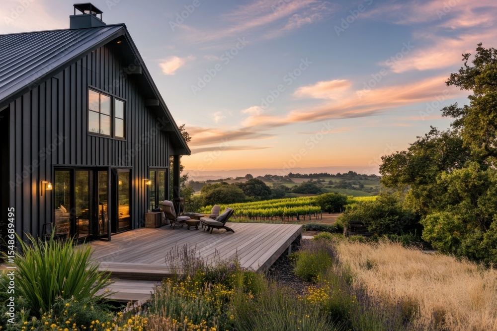 Fototapeta premium Experience the breathtaking sunset view from a sleek, modern home that overlooks sprawling vineyards, all set in a serene countryside oasis during the enchanting golden hour