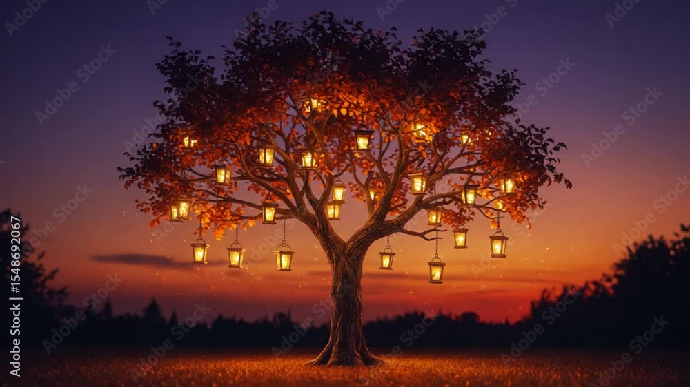 Illuminated tree with lanterns at sunset in serene landscape Illuminated tree with lanterns at sunset in serene landscape
