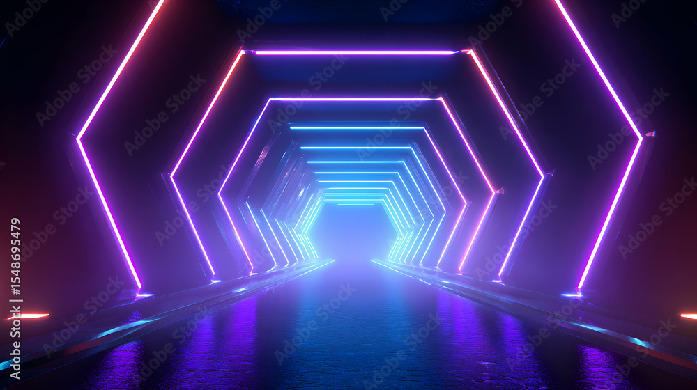 Fototapeta premium Abstract Neon Tunnel With Hexagonal Structure And Glowing Lights