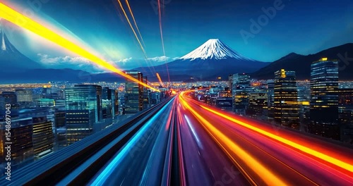 Night city highway streaks towards majestic snow-capped mountain under vibrant sky.