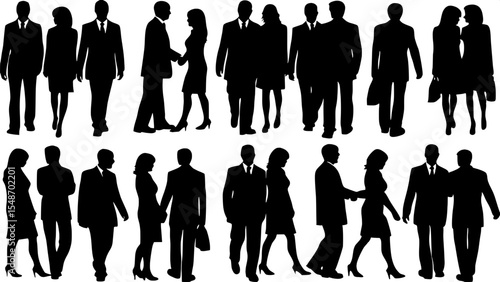 "A high-resolution vector illustration of diverse businesspeople silhouettes, featuring men and women of various ages in formal business attire, such as suits, dresses, and ties, depicted standing, si