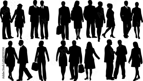 "A high-resolution vector illustration of diverse businesspeople silhouettes, featuring men and women of various ages in formal business attire, such as suits, dresses, and ties, depicted standing, si