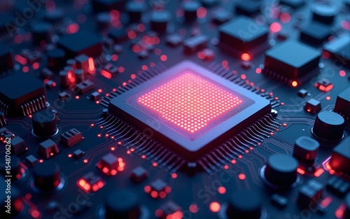 Glowing ai processor embedded in advanced circuit board, highlighting technological innovation, machine learning capabilities, and cutting edge computational design. High quality