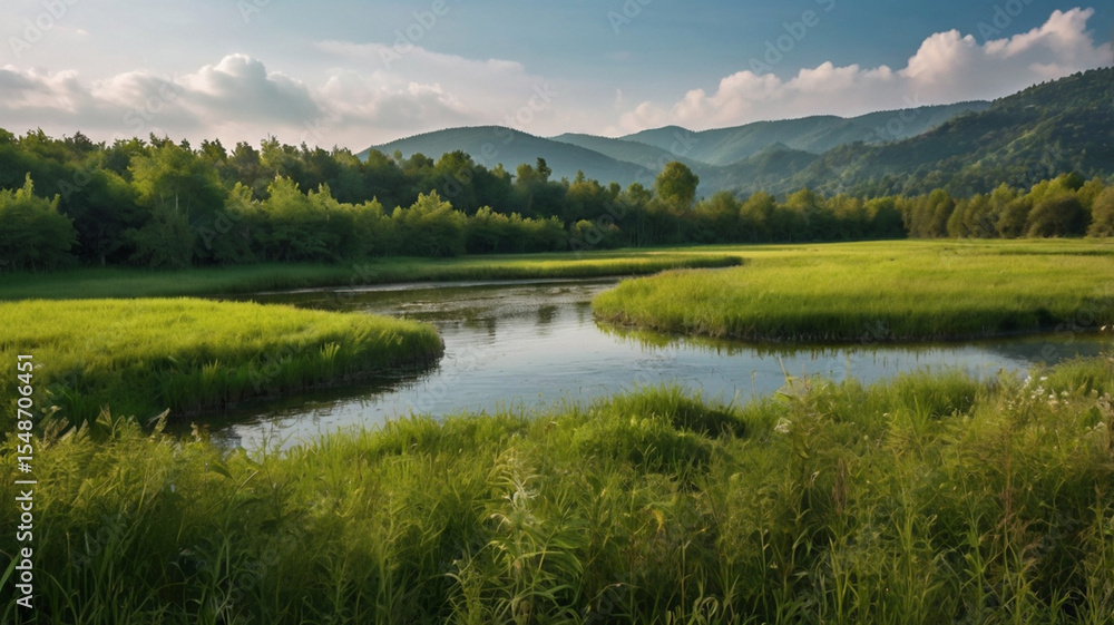 Obraz premium Mountain landscape with alpine meadow and colorful forest at sunset.