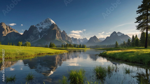 Mountain landscape with alpine meadow and colorful forest at sunset.