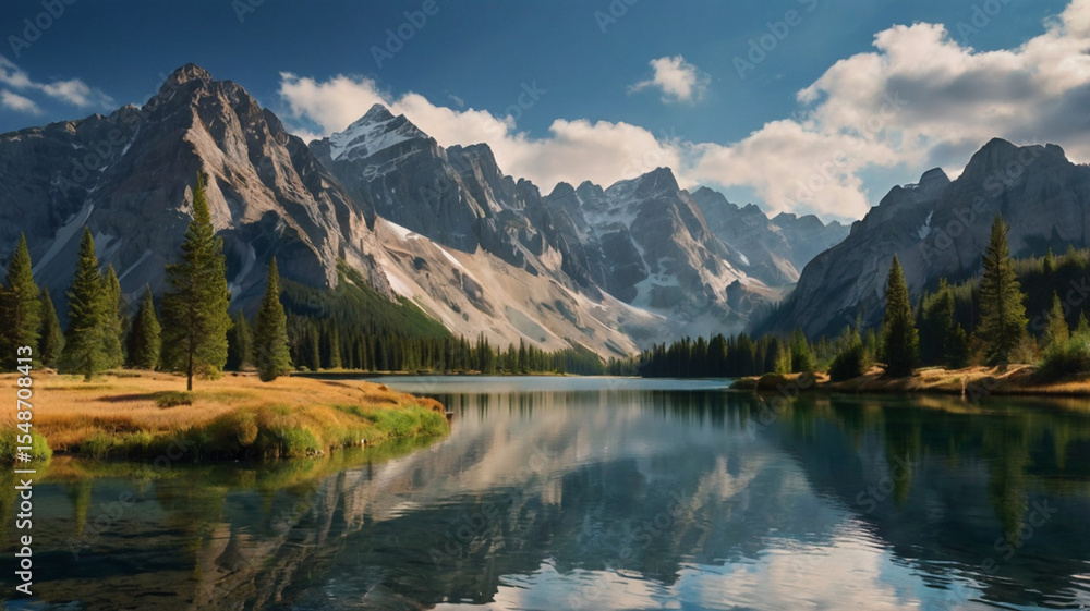 Fototapeta premium Mountain landscape with alpine meadow and colorful forest at sunset.