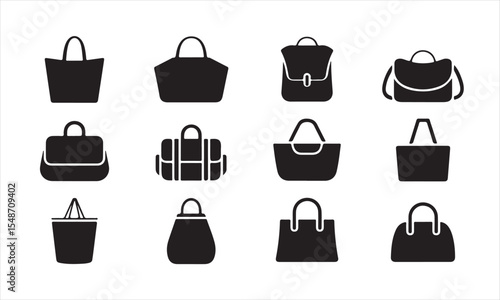 A collection of simple, black silhouette icons representing different types of bags, including tote bags, backpacks, crossbody bags, and more vector art