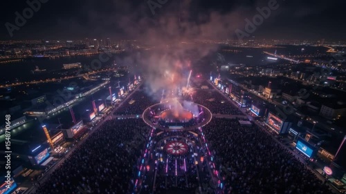 Spectacular Aerial View of New Year's Eve Fireworks Display Over a Crowded City