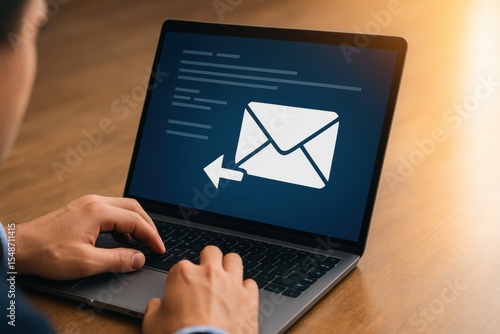 Professional Individual Engaged in Email Communication on Laptop with Icon of Envelope Signaling Message Sending and Reception in Business Environment