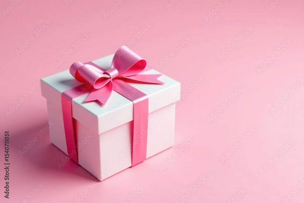 Elegant white gift box with shiny pink ribbon bow, pink background , gift-giving, giftwrap Elegant white gift box with shiny pink ribbon bow, pink background , gift-giving, giftwrap