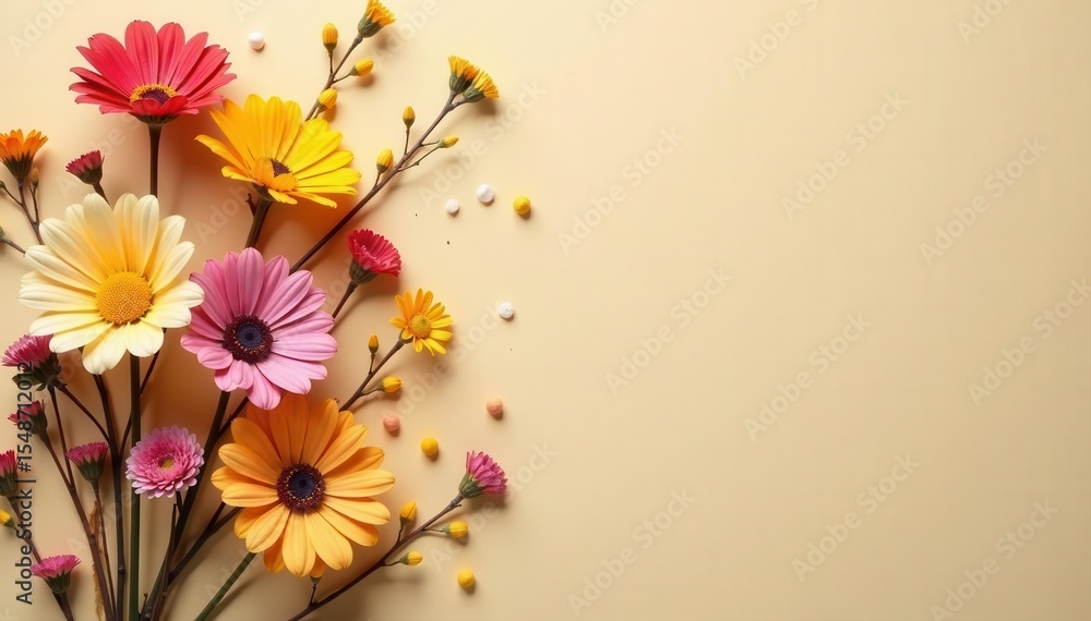 Naklejka premium Intricate arrangement of dried flora on beige backdrop , delicate, floral design, wellness