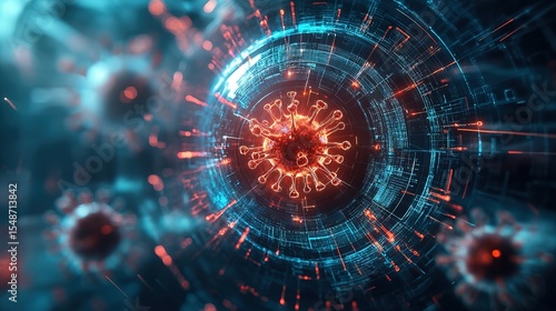 A glowing biosecurity shield blocking a futuristic virus attack