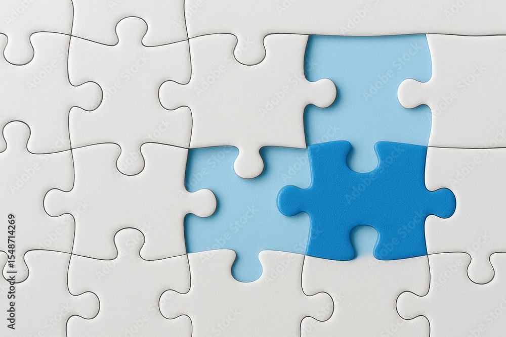 Blue Puzzle Piece Fitting Into Empty Space Among White Puzzle Pieces on a Light Background Blue Puzzle Piece Fitting Into Empty Space Among White Puzzle Pieces on a Light Background