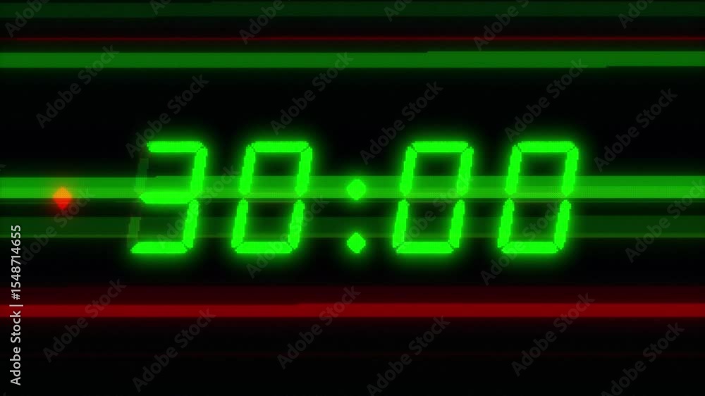 A four number, 30 second digital clock counting down. Green integers on a black background with VHS type glitches and distortions and a red glowing dot. Retro digital alarm clock with glow A four number, 30 second digital clock counting down. Green integers on a black background with VHS type glitches and distortions and a red glowing dot. Retro digital alarm clock with glow