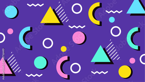 Vibrant 80sstyle geometric pattern suitable for backgrounds, textiles, packaging, and stationery. Great for retro themed designs seeking dynamic energy.