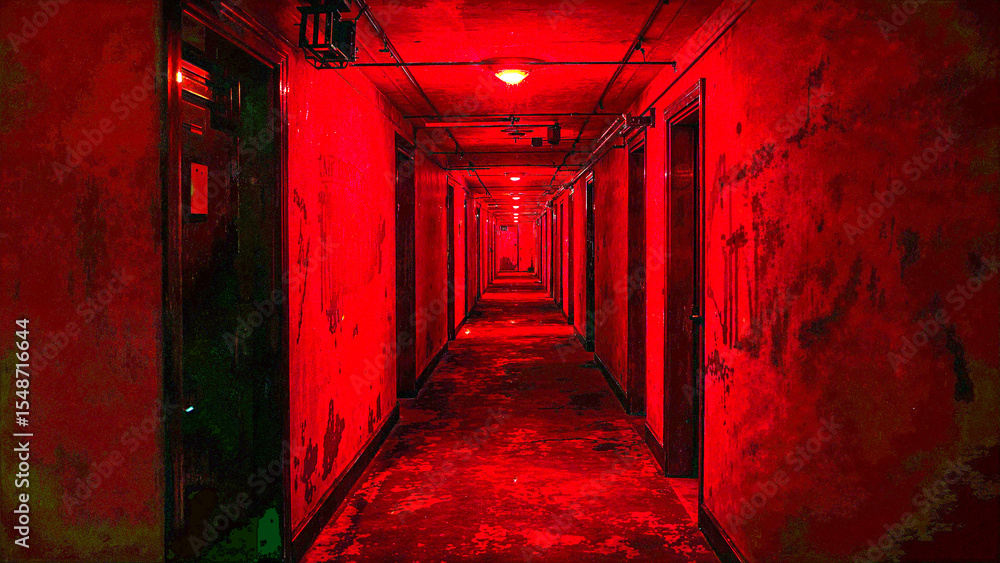Fototapeta premium Crimson corridor illuminated by eerie red light