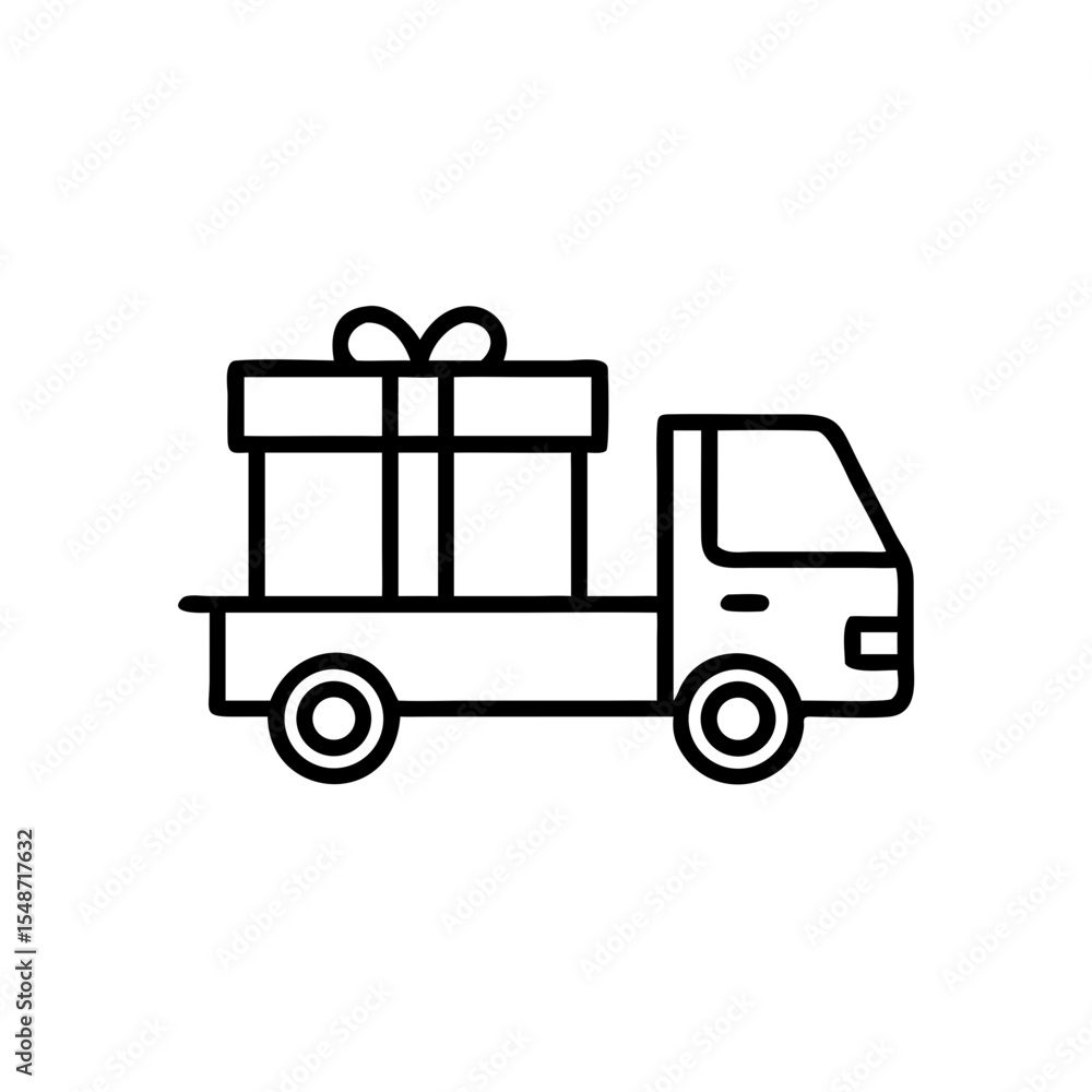 Red truck delivering gifts through snowy town at night Red truck delivering gifts through snowy town at night