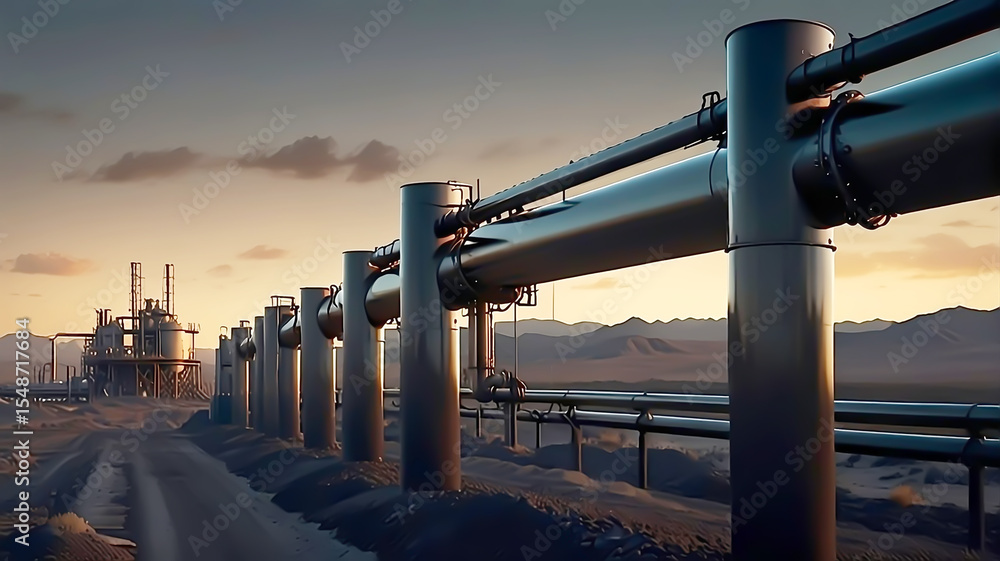 Fototapeta premium Industrial Pipeline Landscape at Sunset Metallic Pipes and Distant Mountains