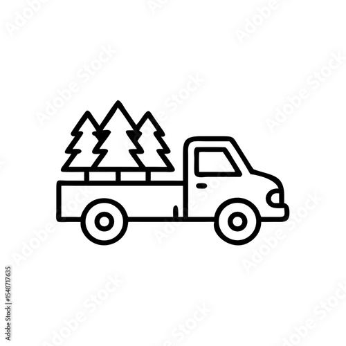 Red truck with snowy pine tree in back, line art winter icon