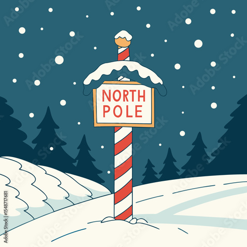 North Pole sign covered in snow with pine trees in winter night  