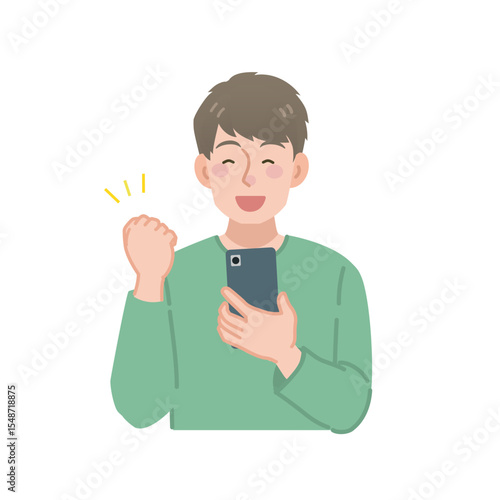 スマホ画面を見てガッツポーズをする男性