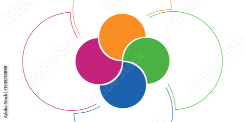 Colorful overlapping circles of infographic pie chart divided into 4 parts. Diagram, chart with 4 steps, options, parts, processes with colorful petals. Vector Illustration.