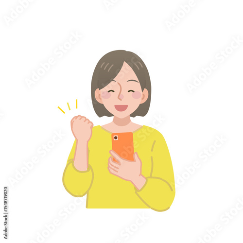 スマホ画面を見てガッツポーズをする女性