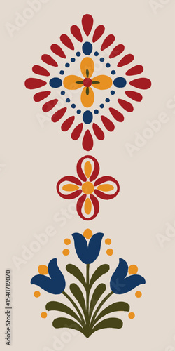 Folk-Inspired Symmetrical Floral Pattern in Vibrant Colors