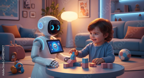 Adorable Toddler Playing with Friendly Robot Companion in Cozy Living Room