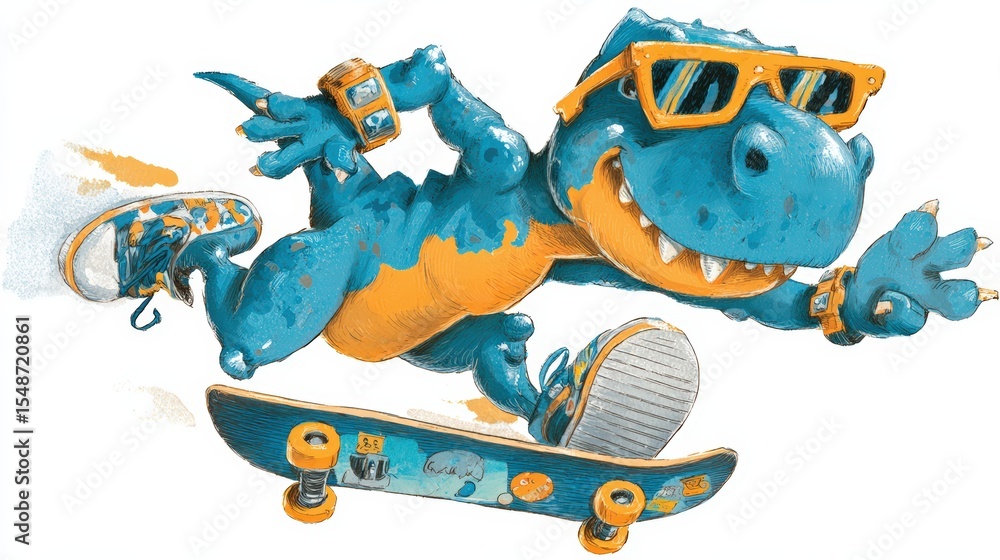 Naklejka premium Quirky Cartoon Dinosaur Skating with Cool Shades and Playful Attitude