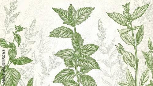 Delicate Hand-Drawn Mint and Basil Leaves Illustration