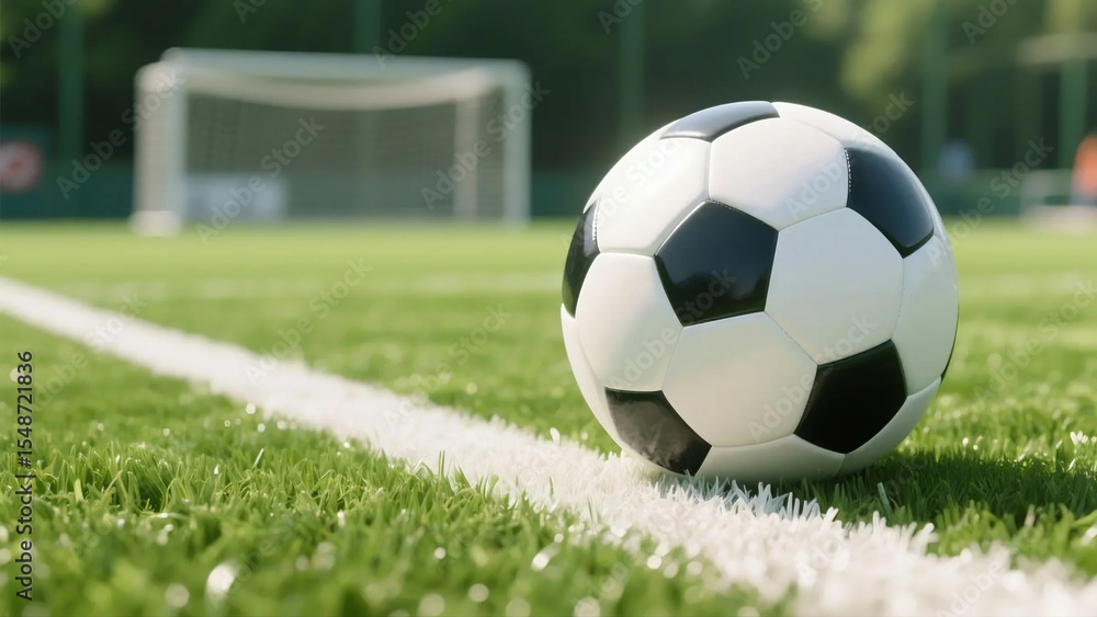Fototapeta premium Realistic Close-Up of Soccer Ball on Fresh Green Field, No Players