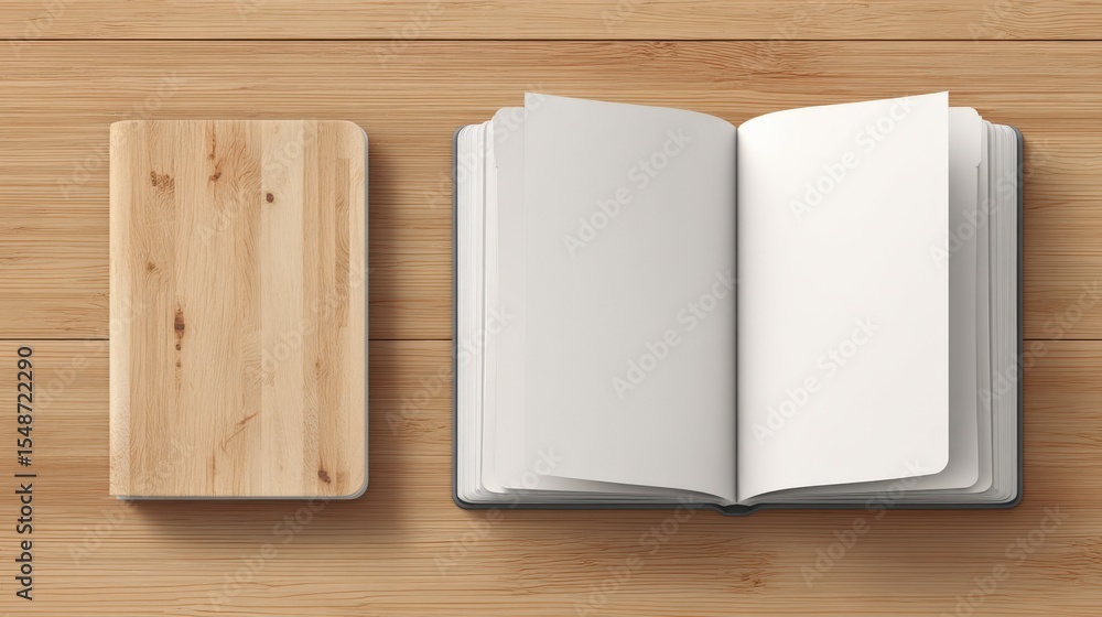 Fototapeta premium Open blank notebook with white pages and wooden cover on wooden surface for writing or note-taking in a creative workspace