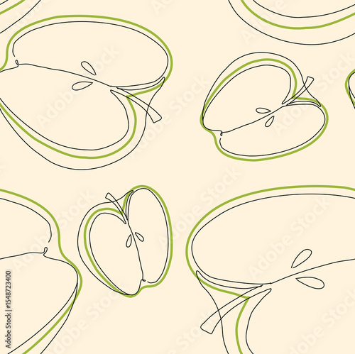 Line art apples whole and slice seamless pattern. Hand drawing pattern. Beautiful vector seamless pattern with apples. Suitable for wallpaper, web page background, surface textures, textile.