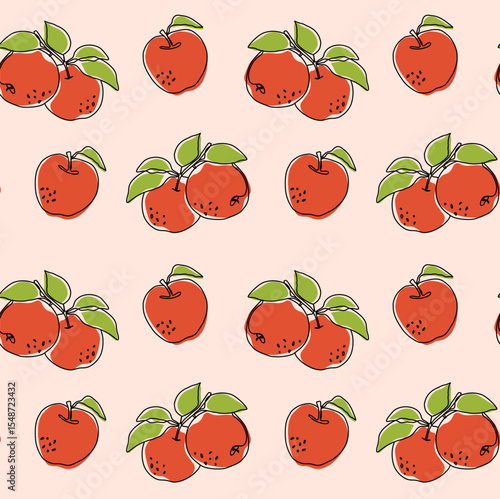 Line art apples whole and slice seamless pattern. Hand drawing pattern. Beautiful vector seamless pattern with apples. Suitable for wallpaper, web page background, surface textures, textile.