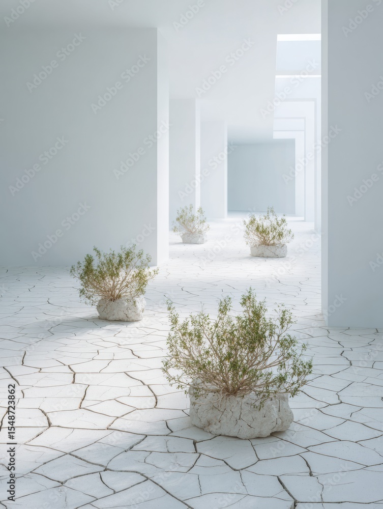 Fototapeta premium Scandinavian Minimalist Environmental Concept with Cracked Dried Earth and Resilient Plants Symbolizing Climate Change and Water Scarcity Awareness