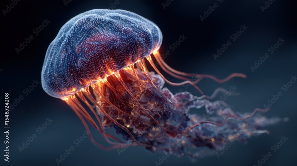 Obraz premium Highly detailed and realistic digital illustration of a bioluminescent jellyfish with glowing tentacles floating in deep dark ocean waters