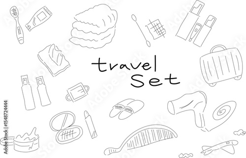 旅行の持ち物手描きイラストセット　スケッチ風