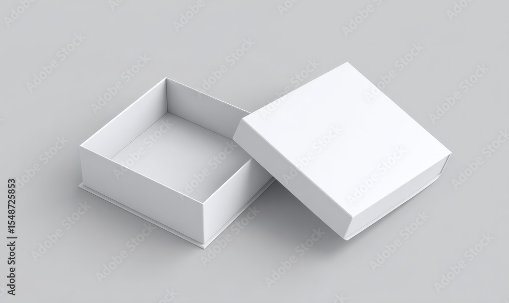 Empty White Box with Lid Open and Closed for Packaging or Display Purposes on a Light Gray Background Empty White Box with Lid Open and Closed for Packaging or Display Purposes on a Light Gray Background