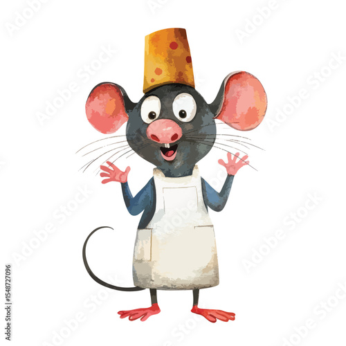 Cheerful Cartoon Rat Chef Wearing Cheese Hat and Apron Smiling Wide