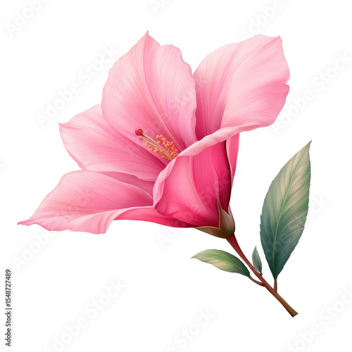 A delicate pink hibiscus flower with vibrant petals and green leaves, beautifully illustrated.