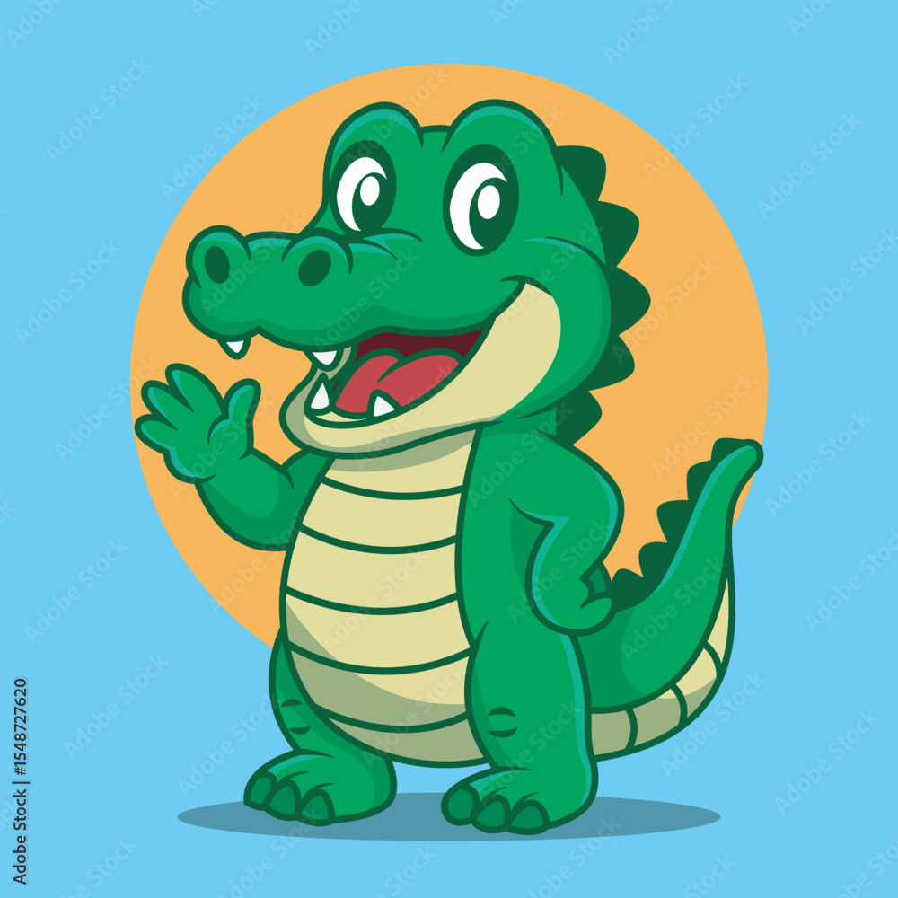 Fototapeta premium Cartoon Illustration of a Friendly Crocodile Waving 