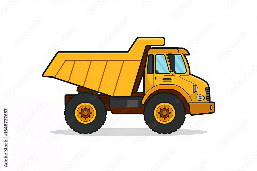 Fototapeta premium Adorable yellow cartoon dumper truck on white background