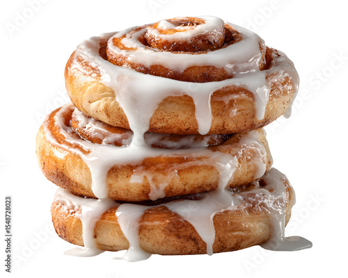 Stack of freshly baked cinnamon rolls with icing isolated on transparent background