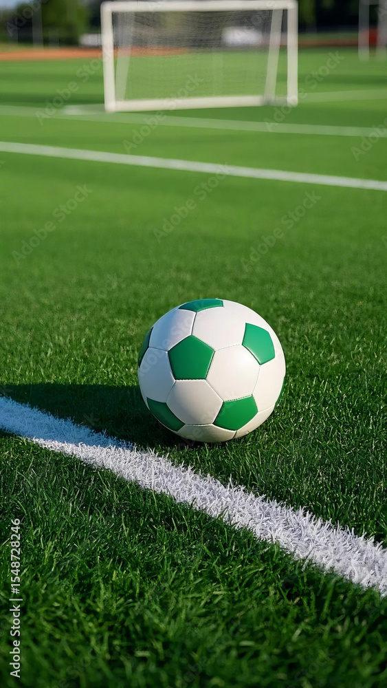 Fototapeta premium Realistic Close-Up of Soccer Ball on Fresh Green Field, No Players