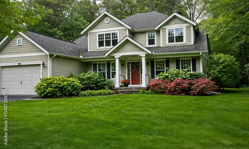 A well-maintained house with a lush lawn and mature trees